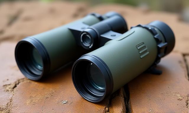 Binoculars resting on a wooden surface