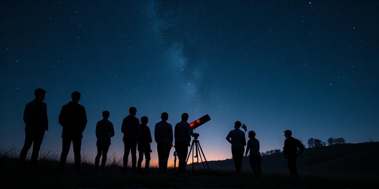 Group observing stars through a telescope at night